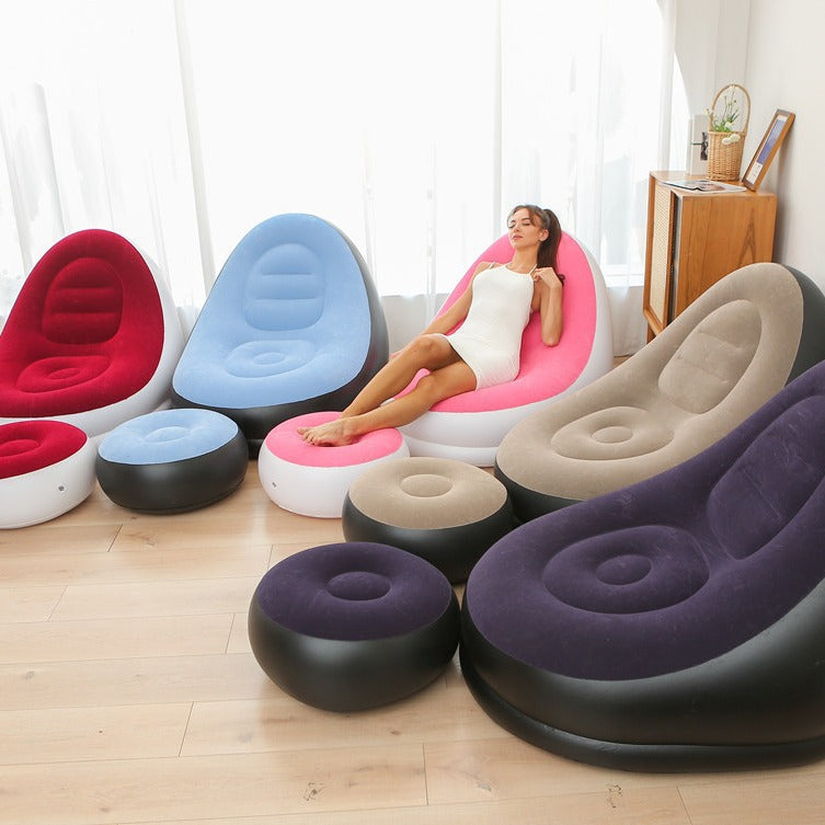 Red Inflatable Flocked Lounge Chair & Ottoman Set with Foot Pump - Portable Ergonomic S-shaped Air Lounger for Indoor & Outdoor