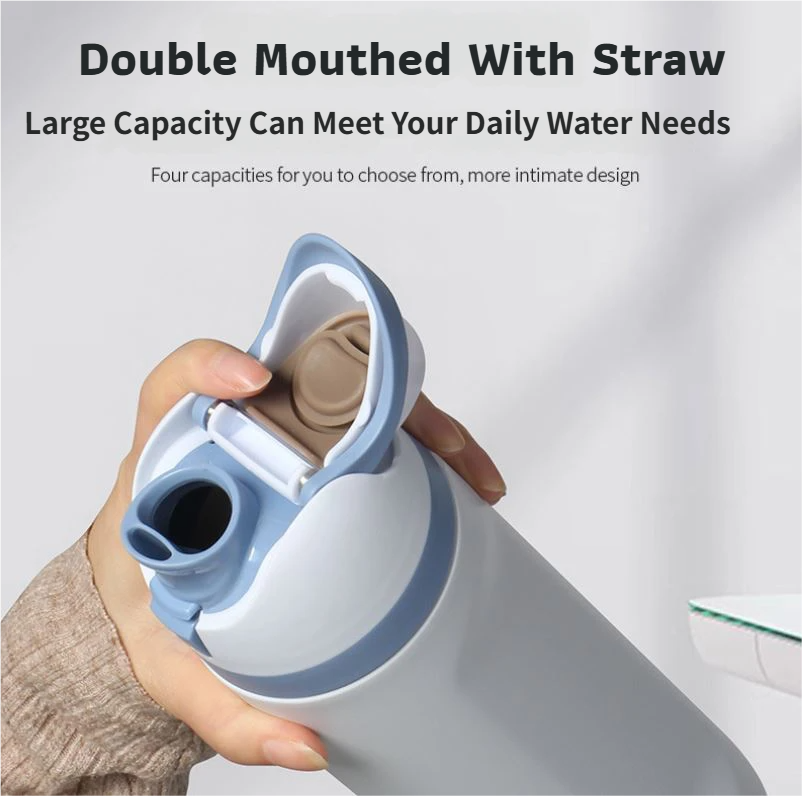 24oz Light Blue Large Thermal Water Bottle with Dual-Sipping Lid & Built-in Straw - Leak-Proof 304 Stainless Steel Outdoor Sports Flask