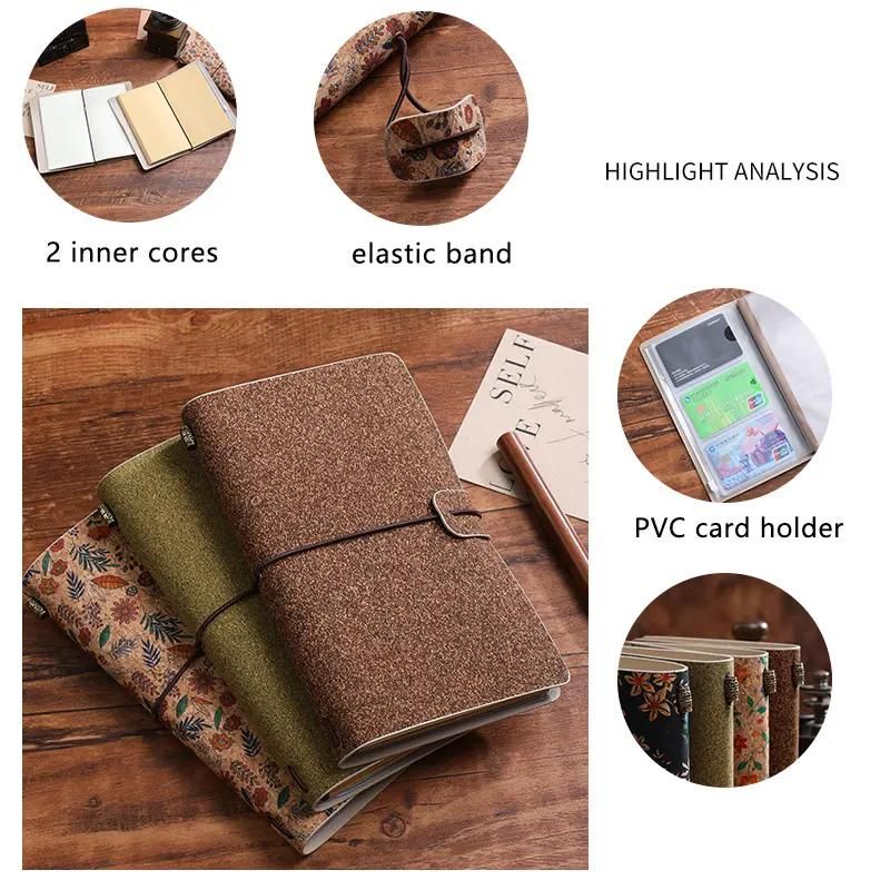 Wild Rose Retro A6 Travelers Leather Notebook & Wooden Pen Gift Box - Floral Botanical Loose-Leaf Journal with Bronze Charm, Kraft Paper and Lined Paper