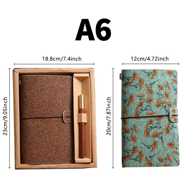 Ivy Retro A6 Travelers Leather Notebook & Wooden Pen Gift Box - Floral Botanical Loose-Leaf Journal with Bronze Charm, Kraft Paper and Lined Paper