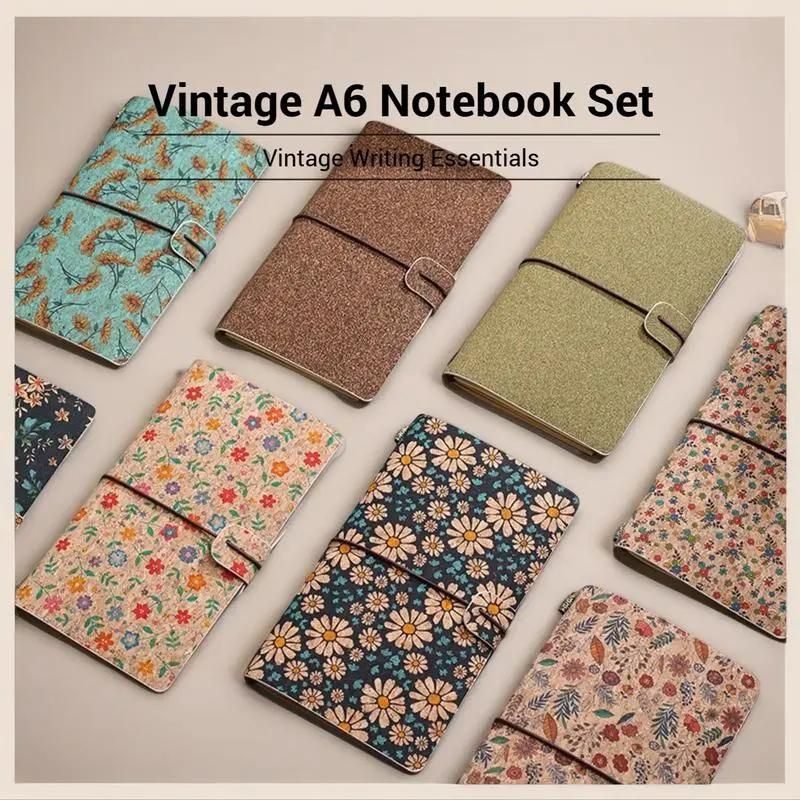 Forest Floral Retro A6 Travelers Leather Notebook & Wooden Pen Gift Box - Floral Botanical Loose-Leaf Journal with Bronze Charm, Kraft Paper and Lined Paper