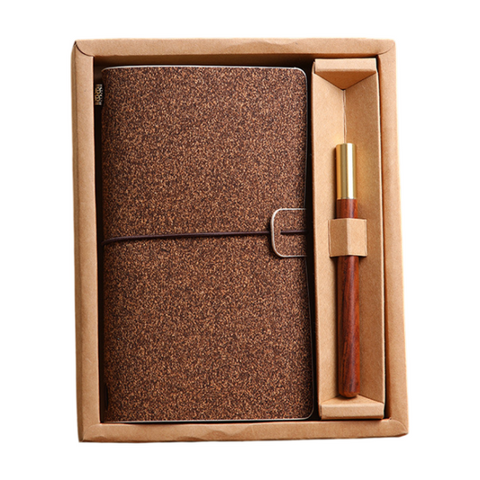 Shiny Brown Retro A6 Travelers Leather Notebook & Wooden Pen Gift Box - Floral Botanical Loose-Leaf Journal with Bronze Charm, Kraft Paper and Lined Paper