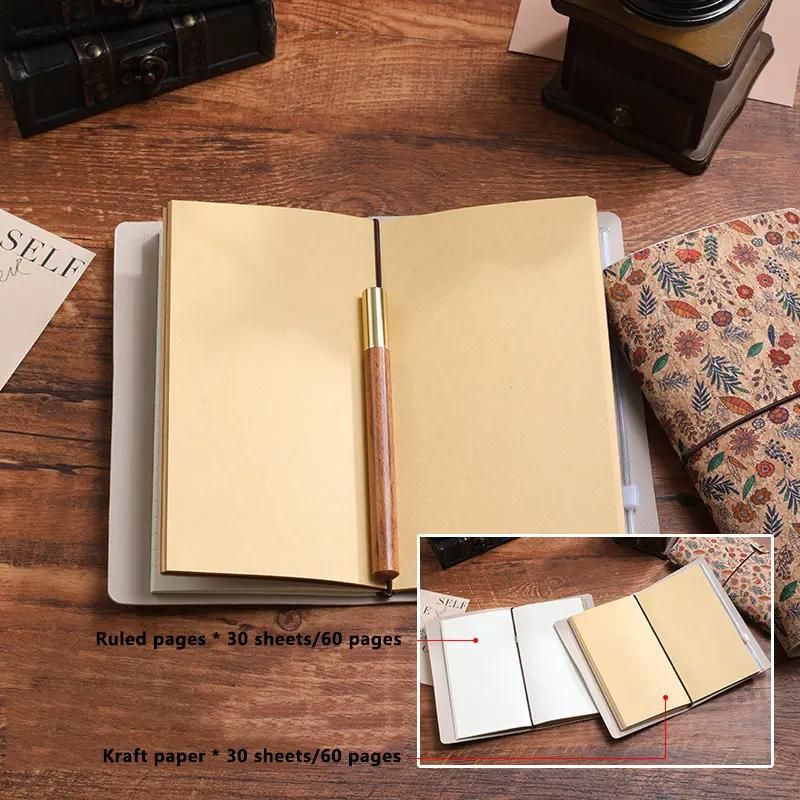 Shiny Brown Retro A6 Travelers Leather Notebook & Wooden Pen Gift Box - Floral Botanical Loose-Leaf Journal with Bronze Charm, Kraft Paper and Lined Paper