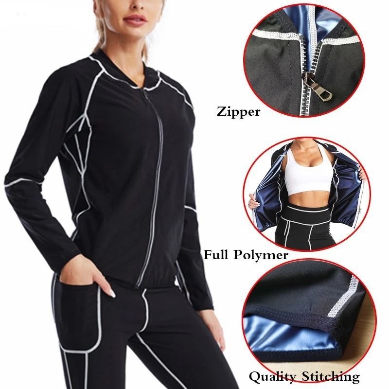 M Size Black and Blue Women's Workout Sauna Sweat Suit Set: Long Sleeve & Leggings - High Elasticity Compression Shapewear for Weight Loss & Yoga