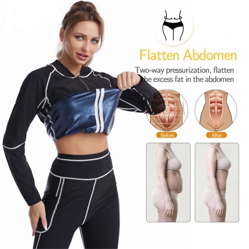 3XL Size Black and Blue Women's Workout Sauna Sweat Suit Set: Long Sleeve & Leggings - High Elasticity Compression Shapewear for Weight Loss & Yoga