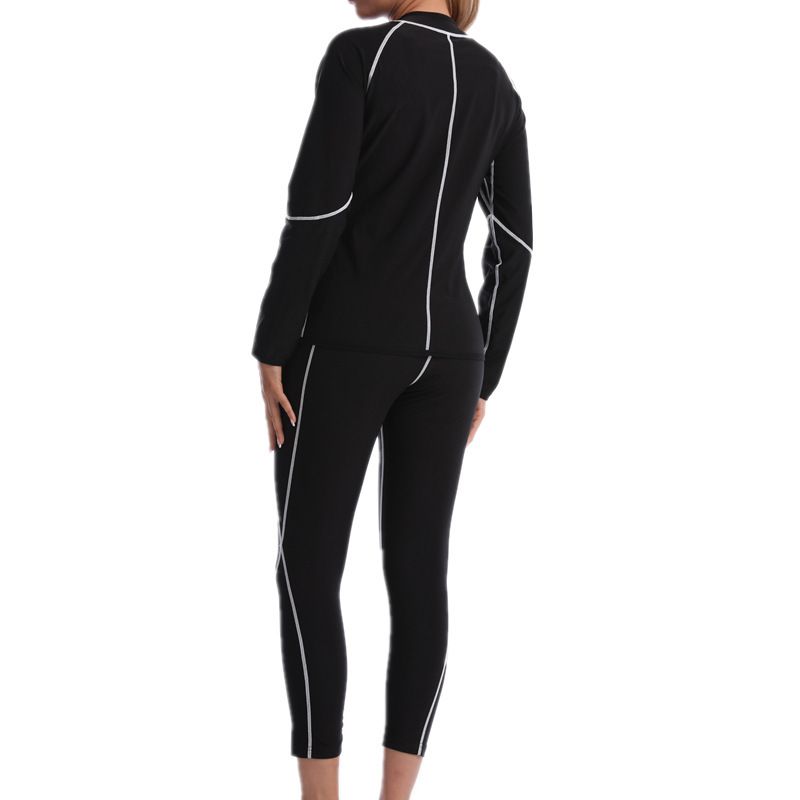 2XL Size Black and Silver Women's Workout Sauna Sweat Suit Set: Long Sleeve & Leggings - High Elasticity Compression Shapewear for Weight Loss & Yoga