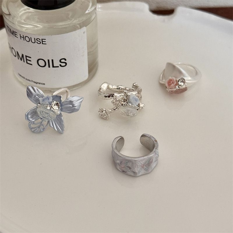 Vintage Camellia Handmade Enamel Wide Metal Ring C with Zirconia Accents - French Style Stackable Floral Band for Women
