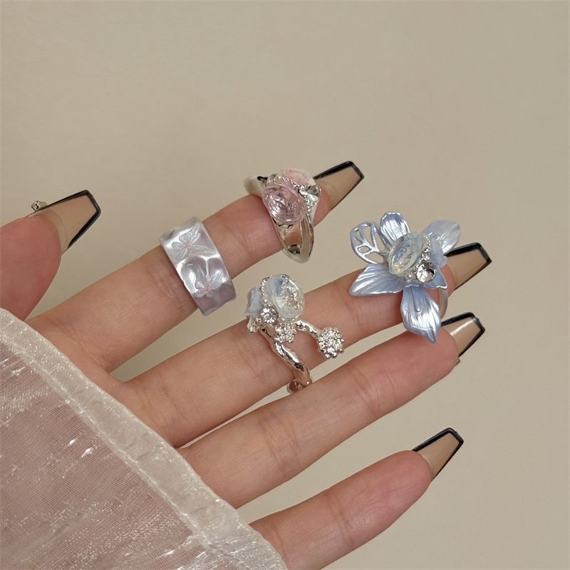 4PCS Vintage Camellia Handmade Enamel Stackable Wide Metal Rings A+B+C+D with Zirconia Accents - French Style Stackable Floral Band for Women
