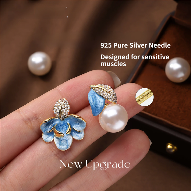 Luxury Porcelain White Gold Enamel Flower Pearl Earrings with Sparkling Zirconia - Vintage S925 Hypoallergenic Sterling Silver Needle
