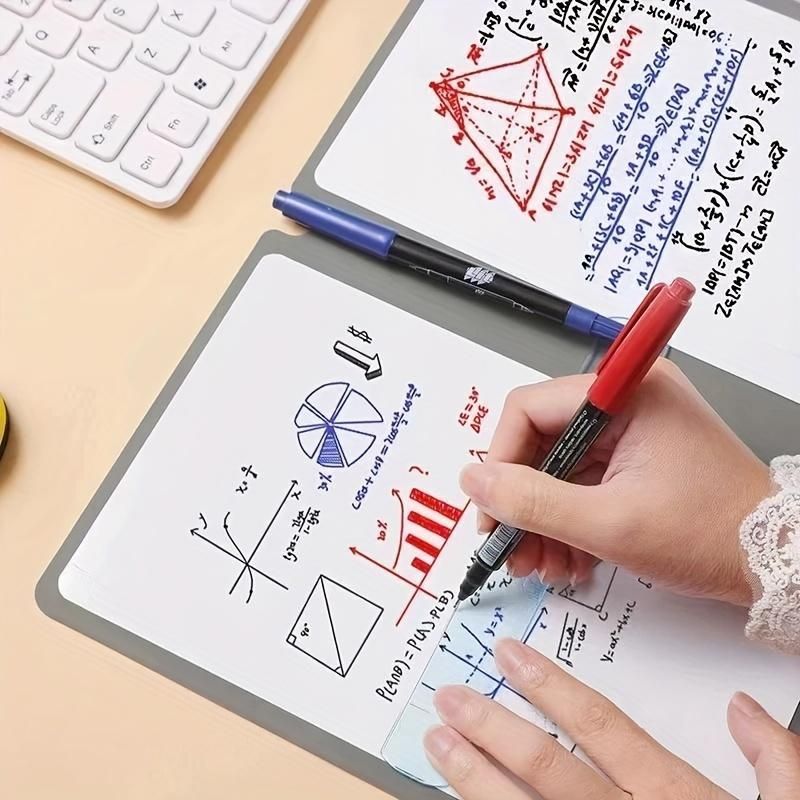 Dark Grey A4 PU Leather Whiteboard Notebook with 3-Color Pens, Eraser & Cloth - Reusable Eco-Friendly Desktop Memo Pad & Handheld Writing Tablet