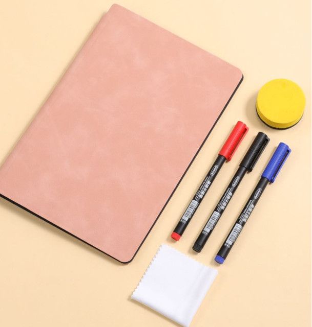 Blue A4 PU Leather Whiteboard Notebook with 3-Color Pens, Eraser & Cloth - Reusable Eco-Friendly Desktop Memo Pad & Handheld Writing Tablet