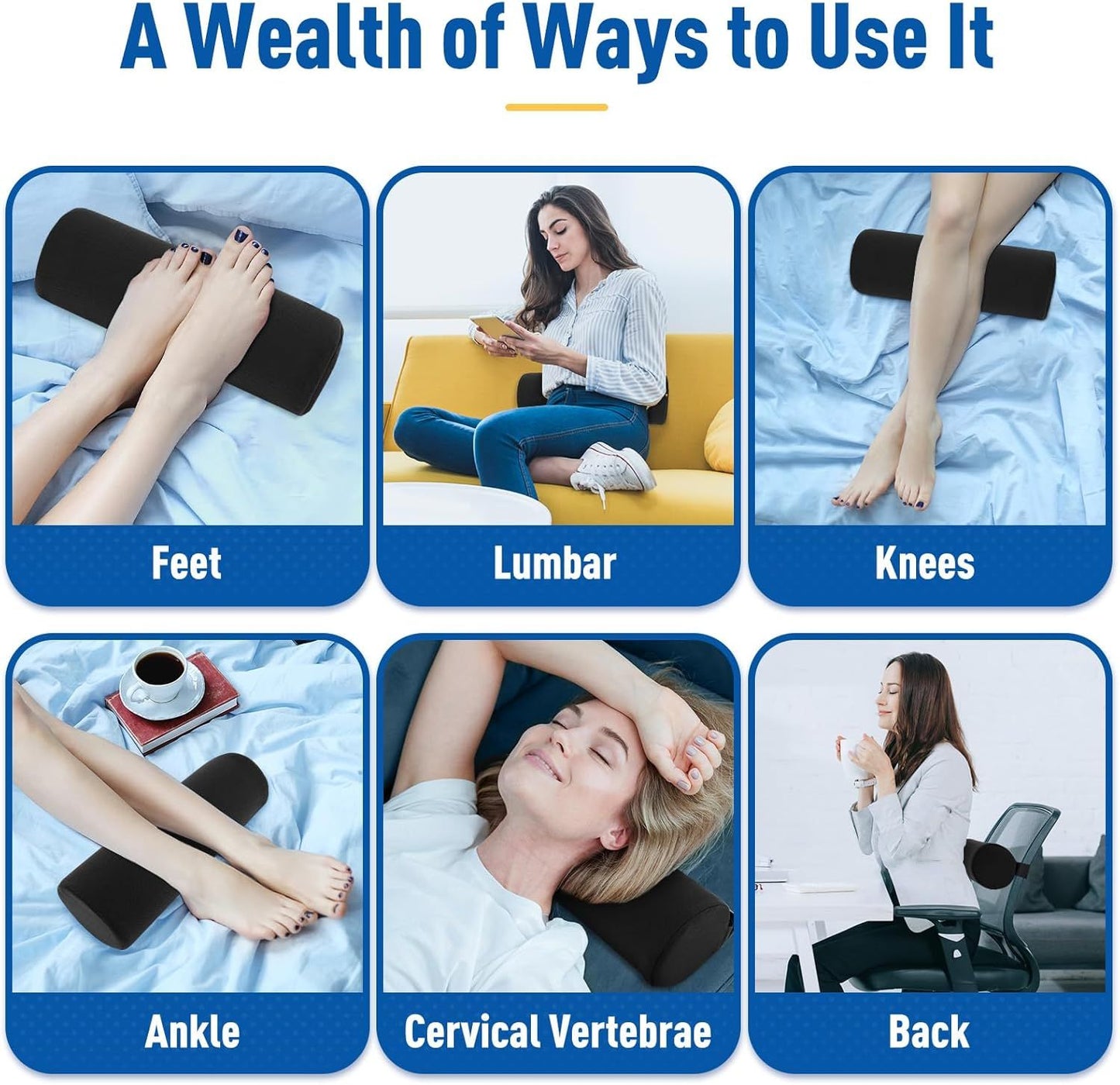 Blue Portable McKenzie Method Ergonomic Lumbar Support Roll - Adjustable Memory Foam Cylinder Pillow with Breathable Cover