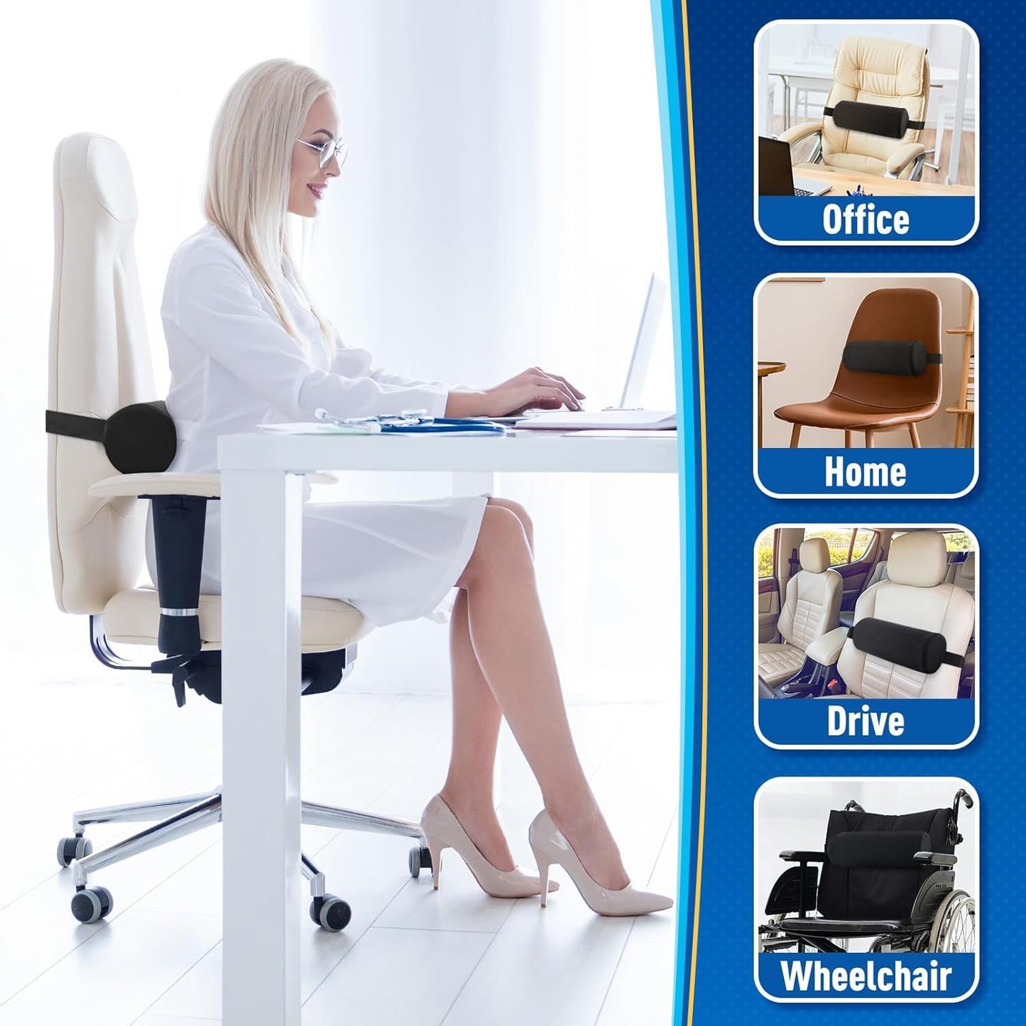 Blue Portable McKenzie Method Ergonomic Lumbar Support Roll - Adjustable Memory Foam Cylinder Pillow with Breathable Cover