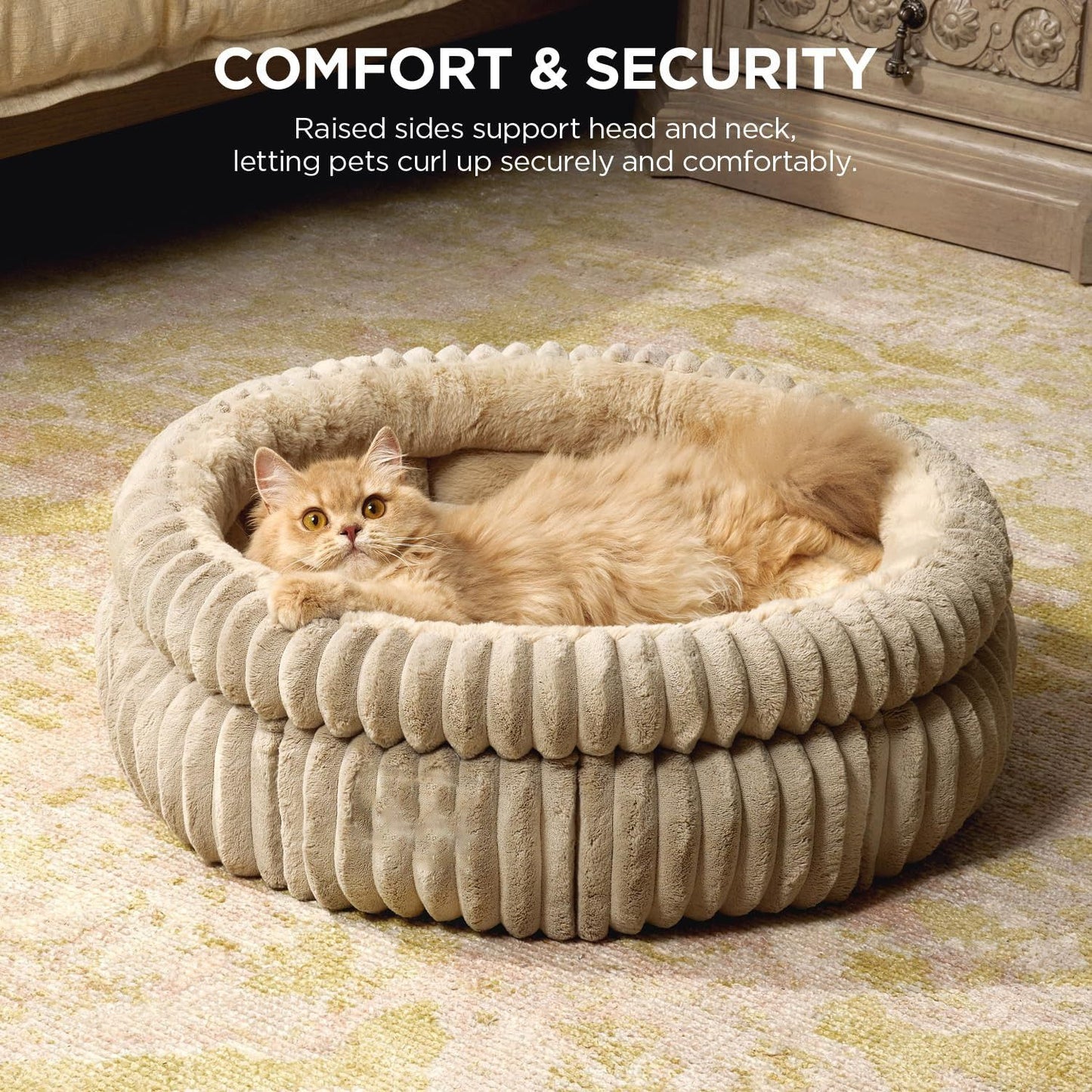 50x50x18 CM Grey Ultra-Soft Thickened Round Pet Bed with Stripe Texture - Plush Self-Warming Donut Nest for Cats and Small Dogs