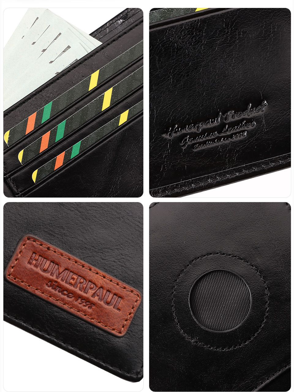 Black Handcrafted Genuine First-Layer Cowhide Wallet & Card Case for Men - Multi-Slot Ultra-Slim Bifold, Integrated AirTag Holder & RFID Blocking