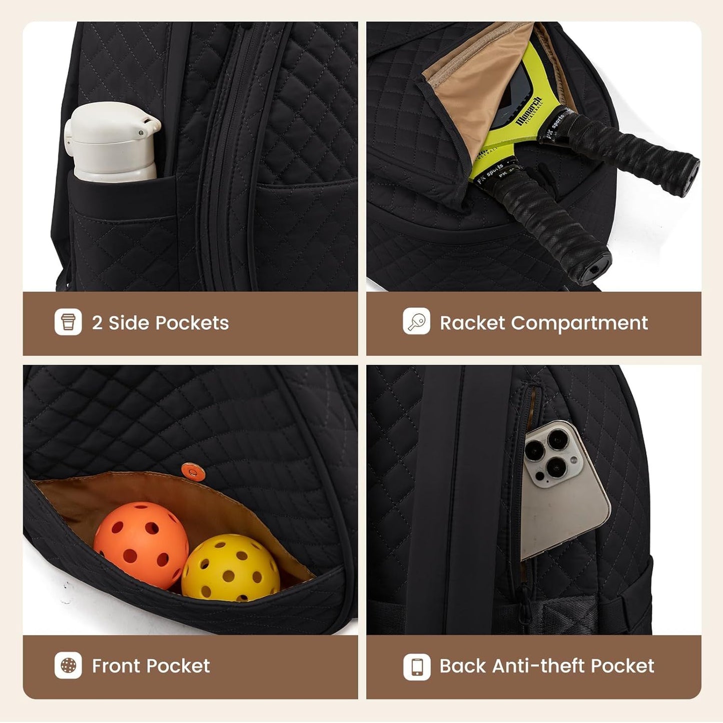 Grey Large Tennis & Pickleball Quilted Backpack and Sports Travel Tote for Men and Women - Racket Compartment, 2 Side Pockets & Multi-Pocket Organization (32x17x44.5 CM)