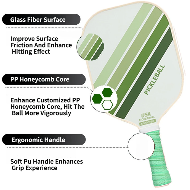 2PCS Green Striped Fiberglass Pickleball Paddles & 4PCS Balls Set with Hardshell Storage Box - Shock Absorbing Honeycomb Core & Anti-Slip Grip - USAPA Standard Lightweight Sports Racket