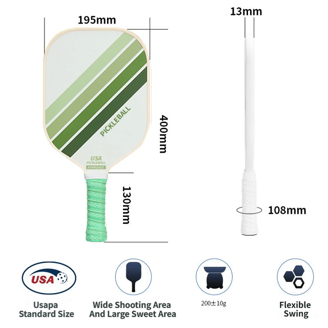 White Striped Fiberglass Pickleball Paddle - Shock Absorbing Honeycomb Core & Anti-Slip Grip - USAPA Standard Lightweight Sports Racket