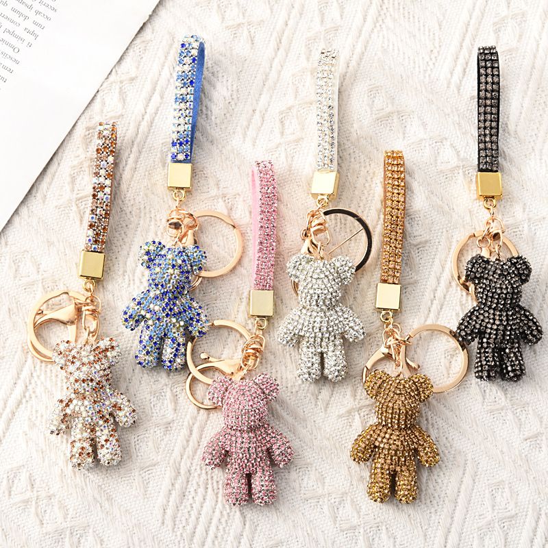 Gold Crystal-Encrusted Sparkling Bear Keychain - Luxury Fashion Bag Charm & Key Alloy Accessory