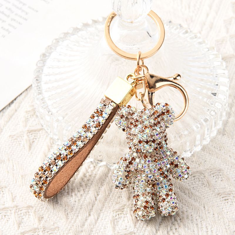 Champagne Crystal-Encrusted Sparkling Bear Keychain - Luxury Fashion Bag Charm & Key Alloy Accessory