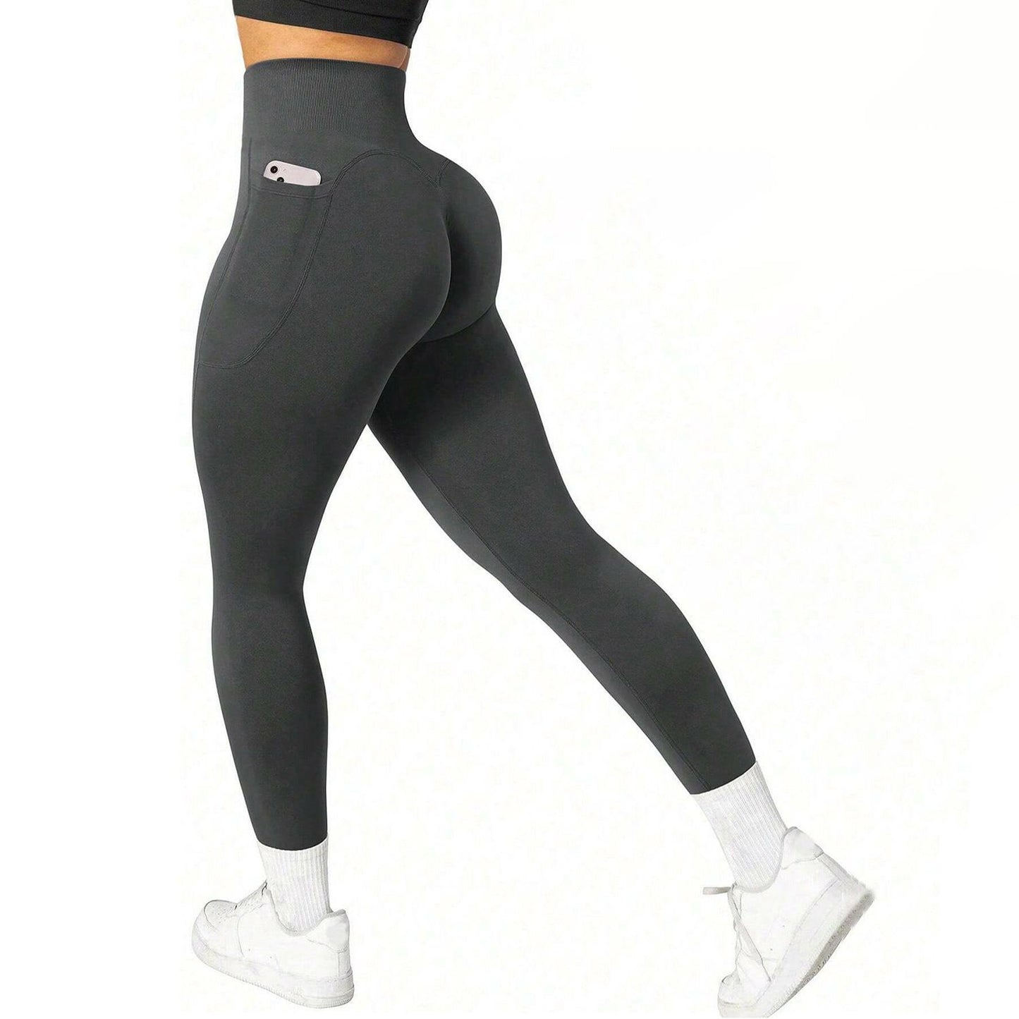 M Size Dark Grey Breathable High-Waist Ruched Butt-Lift Yoga Leggings - Dual Pockets & No Front T - LineNaked-Feel Performance Tights for Gym, Running & Pilates