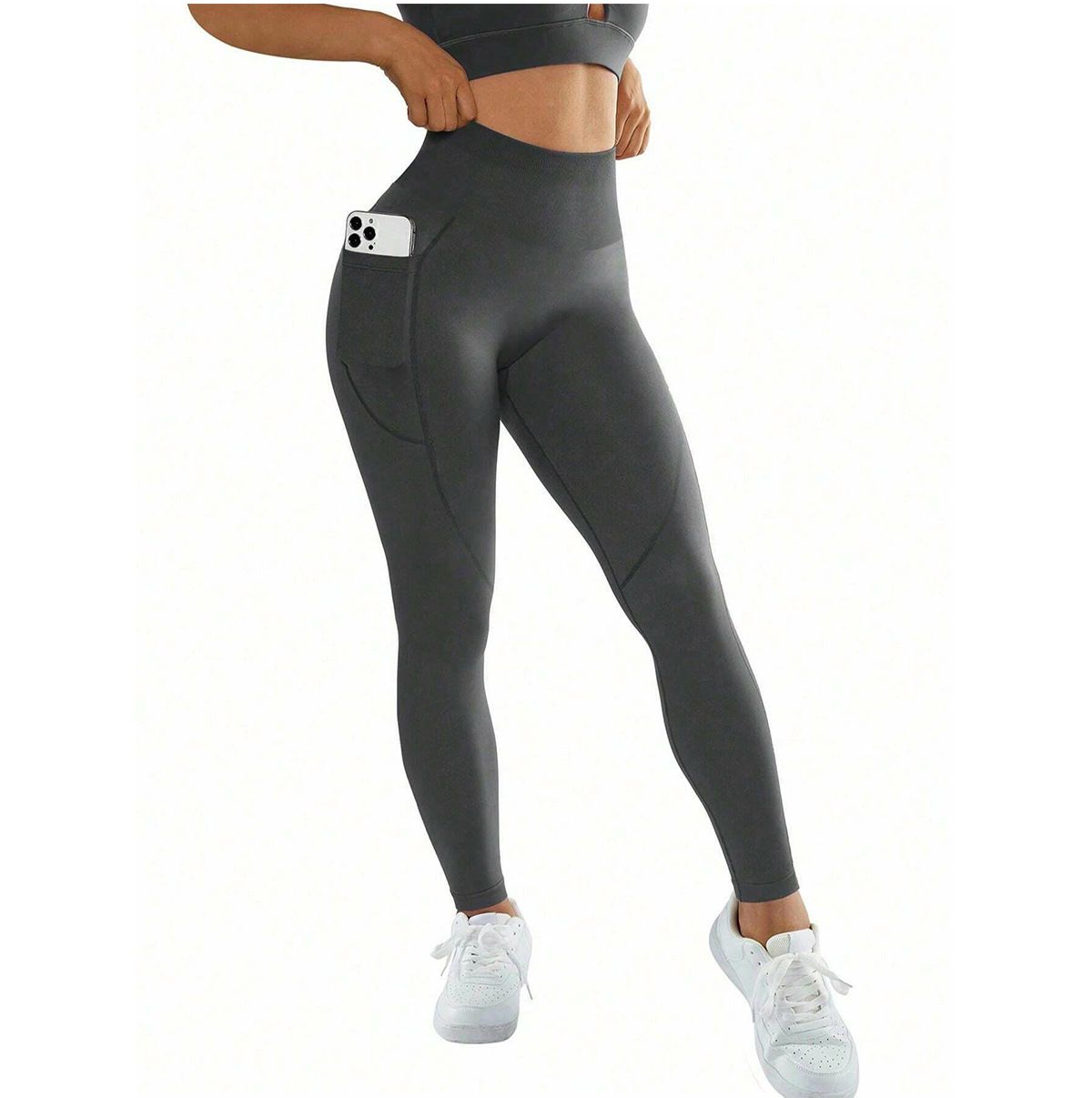 L Size Black Breathable High-Waist Ruched Butt-Lift Yoga Leggings - Dual Pockets & No Front T - LineNaked-Feel Performance Tights for Gym, Running & Pilates