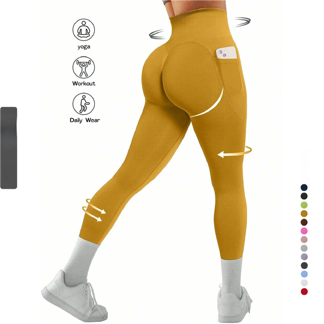 L Size Coffee Breathable High-Waist Ruched Butt-Lift Yoga Leggings - Dual Pockets & No Front T - LineNaked-Feel Performance Tights for Gym, Running & Pilates