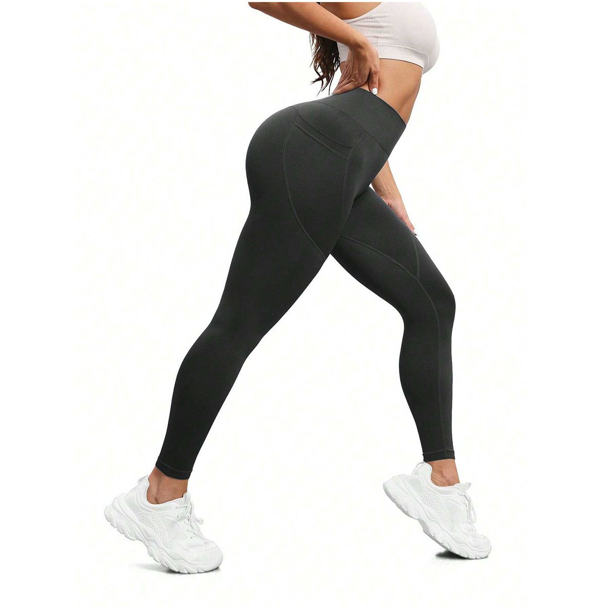 L Size Dark Grey Breathable High-Waist Ruched Butt-Lift Yoga Leggings - Dual Pockets & No Front T - LineNaked-Feel Performance Tights for Gym, Running & Pilates