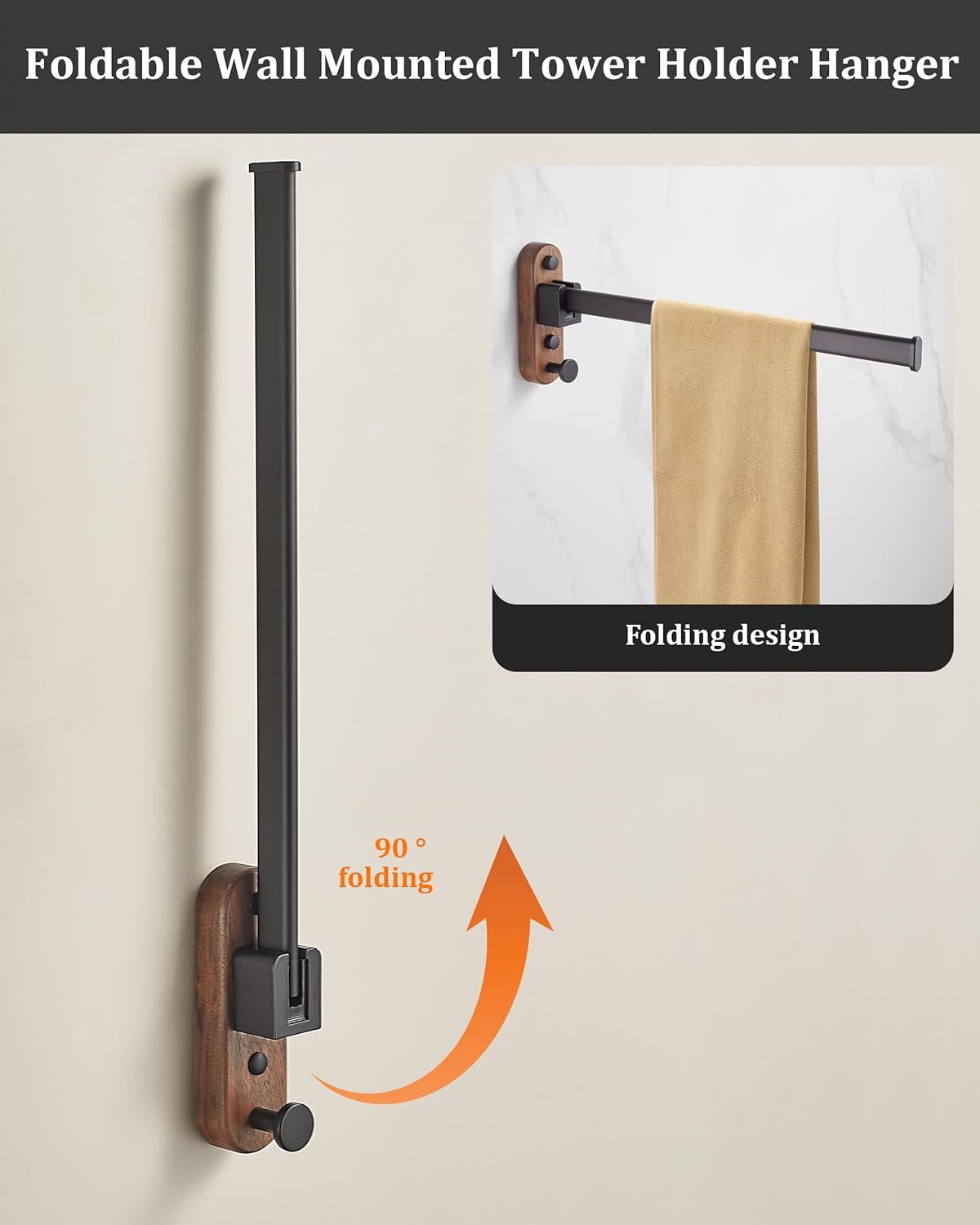 33CM Moisture Aluminum Folding Towel Rack Integrated Bottom Hook - 90° Folding Black Walnut Grain Wall-Mounted Drying Rod and Organize