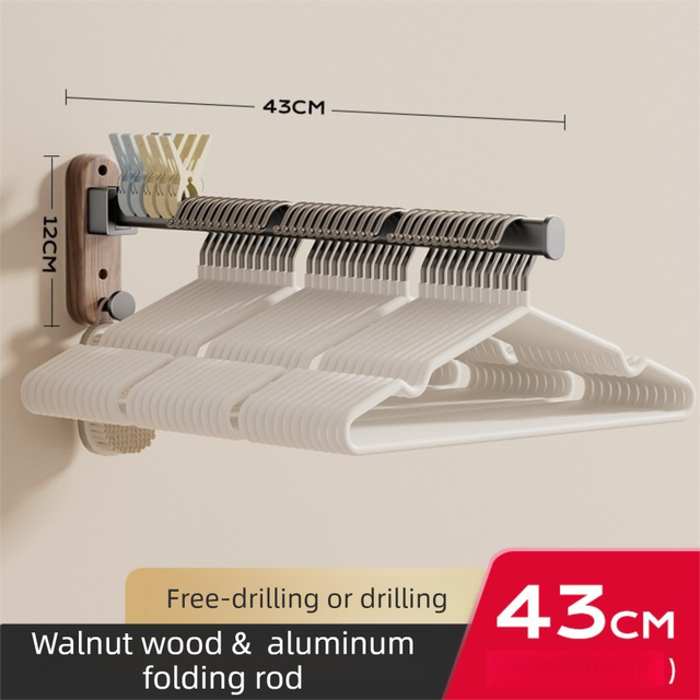 43CM Moisture Aluminum Folding Towel Rack Integrated Bottom Hook - 90° Folding Black Walnut Grain Wall-Mounted Drying Rod and Organize
