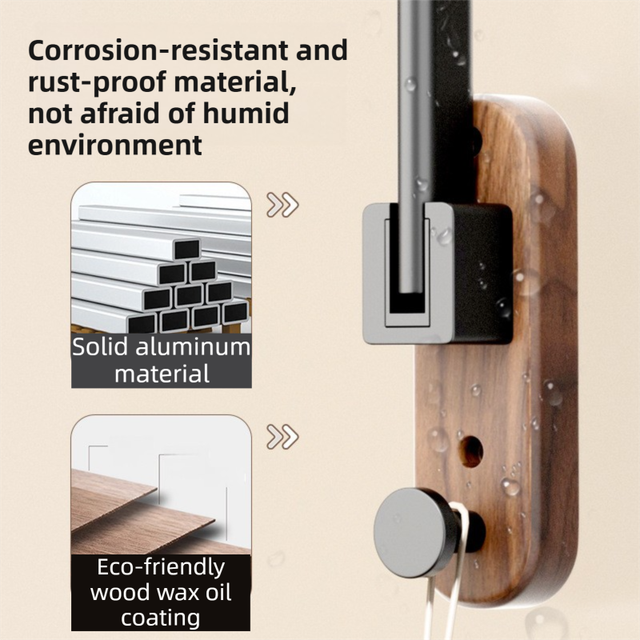 43CM Moisture Aluminum Folding Towel Rack Integrated Bottom Hook - 90° Folding Black Walnut Grain Wall-Mounted Drying Rod and Organize