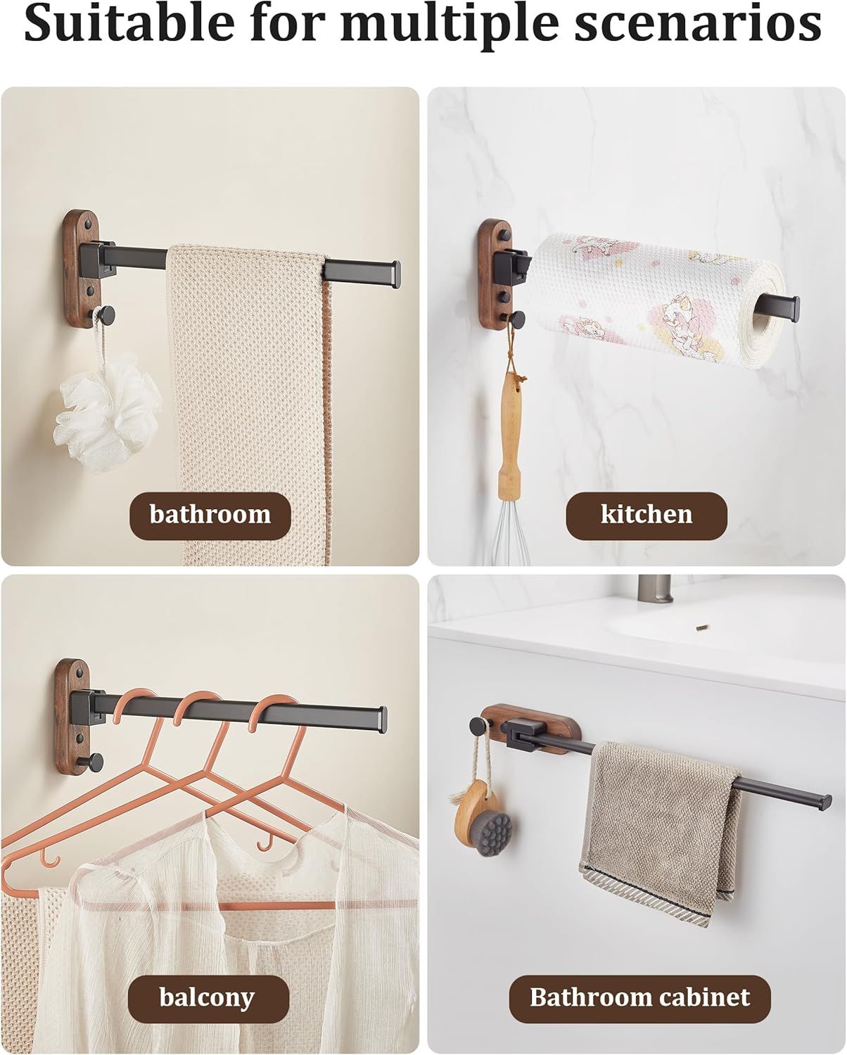 43CM Moisture Aluminum Folding Towel Rack Integrated Bottom Hook - 90° Folding White Beechwood Grain Wall-Mounted Drying Rod and Organize