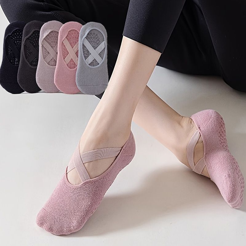 5-Pair Black Premium Non-Slip Yoga & Pilates Socks with Elastic Cross-Straps - Breathable Cotton Ballet-Style High Grip Socks