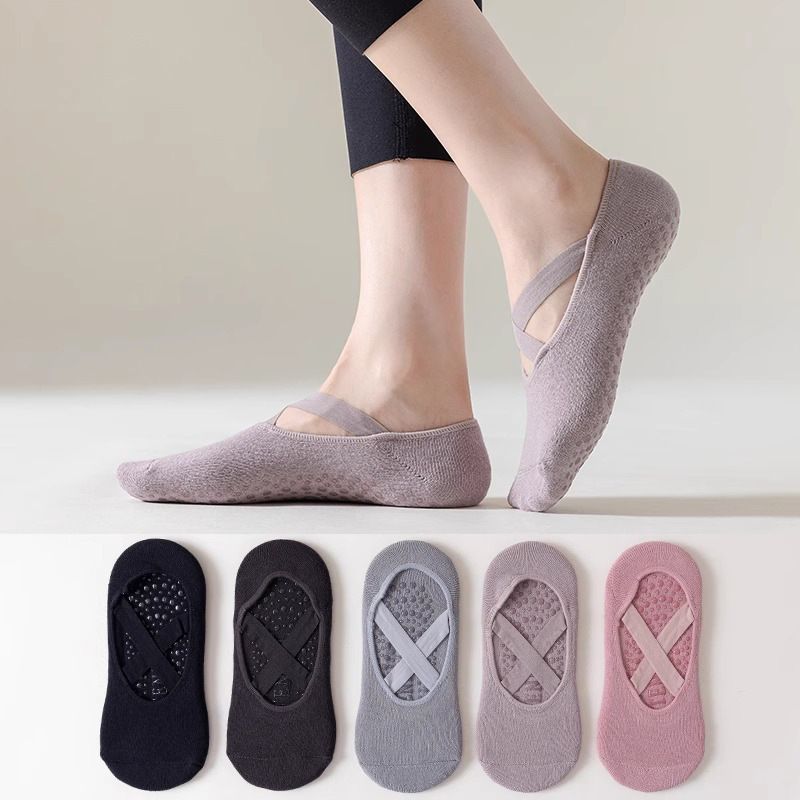 5-Pair Dark Purple Premium Non-Slip Yoga & Pilates Socks with Elastic Cross-Straps - Breathable Cotton Ballet-Style High Grip Socks