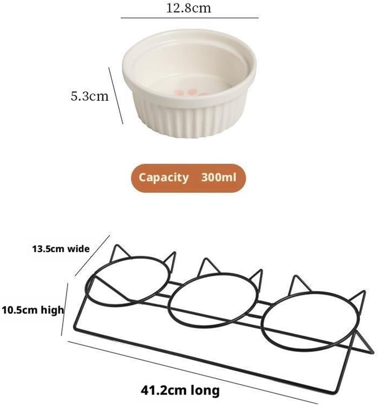 Triple Slanted Ceramic Pet Bowl Set with Elevated Iron Stand and Non Slip Base - 3 x 300ML Versatile Yellow Cat Paw Print Pattern Dishes for Water & Food