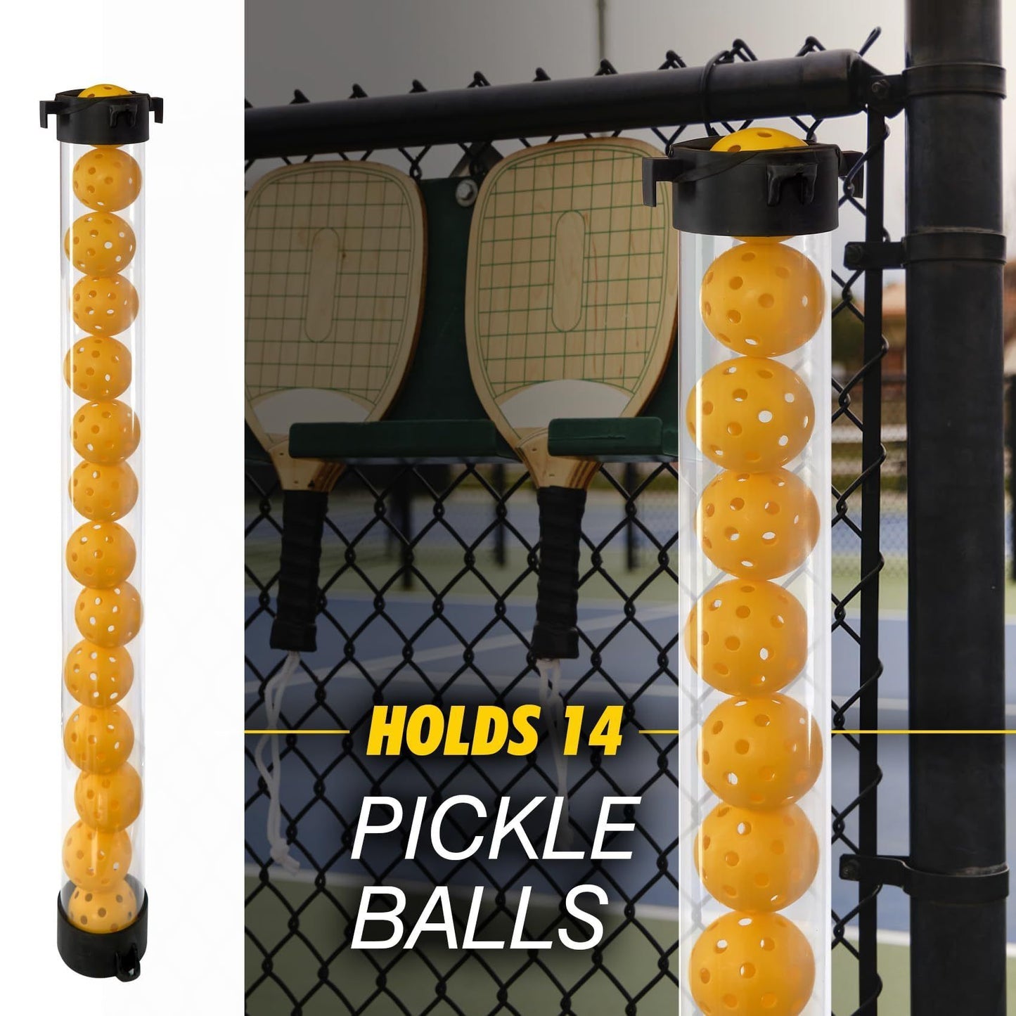 14-Piece Orange 40 Hole Pickleball Balls with Clear Pickleball Ball Retriever Tube for Indoor / Outdoor Play - No Bending Ball Collector with Shoulder Strap and Fence Hook - Practical Pickleball Court Accessory