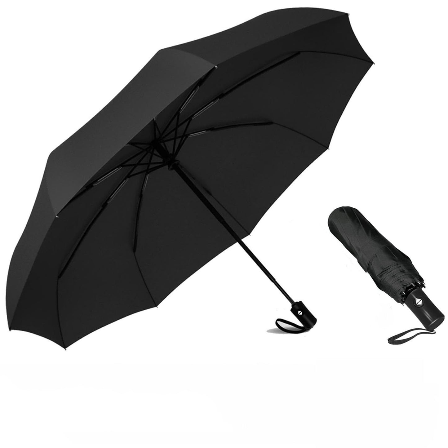 Black 97CM Large Folding Automatic Travel Umbrella with 8 Reinforced Fiberglass Ribs - Lightweight Compact Rain & Sun Shield for Backpack Travel and Commuting