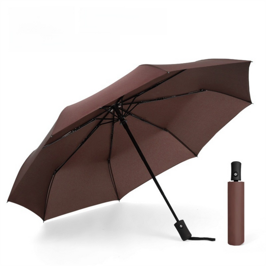 Coffee 97CM Large Folding Automatic Travel Umbrella with 8 Reinforced Fiberglass Ribs - Lightweight Compact Rain & Sun Shield for Backpack Travel and Commuting