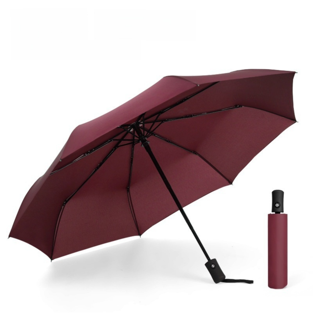 Wine Red 97CM Large Folding Automatic Travel Umbrella with 8 Reinforced Fiberglass Ribs - Lightweight Compact Rain & Sun Shield for Backpack Travel and Commuting