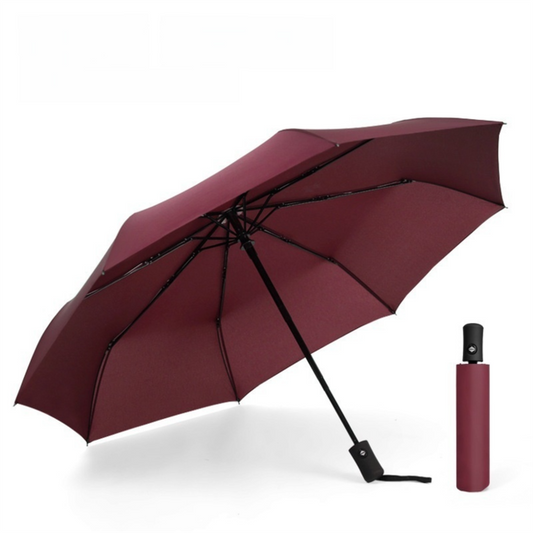 Wine Red 97CM Large Folding Automatic Travel Umbrella with 8 Reinforced Fiberglass Ribs - Lightweight Compact Rain & Sun Shield for Backpack Travel and Commuting