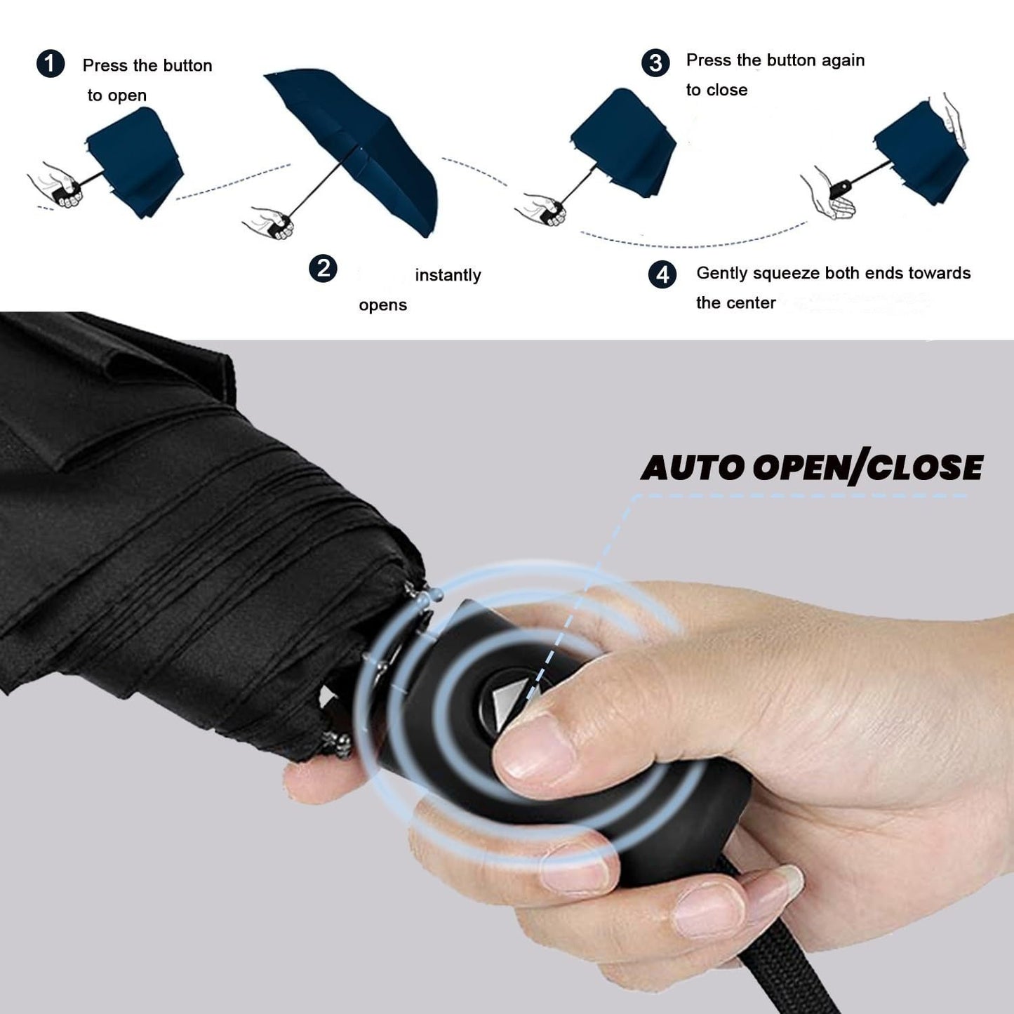 Blue 97CM Large Folding Automatic Travel Umbrella with 8 Reinforced Fiberglass Ribs - Lightweight Compact Rain & Sun Shield for Backpack Travel and Commuting