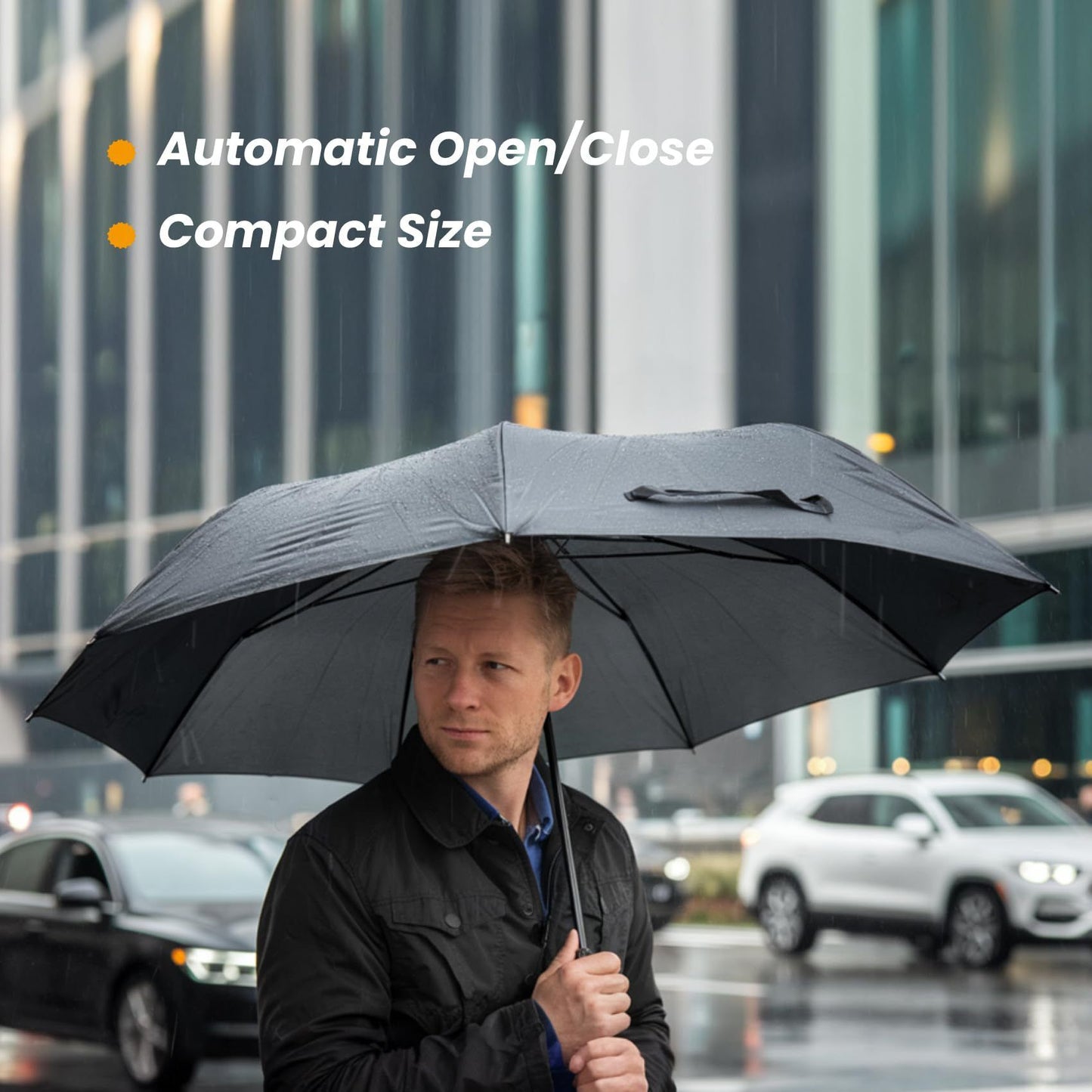 Blue 97CM Large Folding Automatic Travel Umbrella with 8 Reinforced Fiberglass Ribs - Lightweight Compact Rain & Sun Shield for Backpack Travel and Commuting