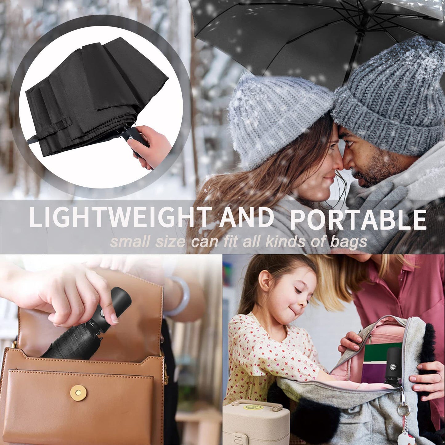 Blue 97CM Large Folding Automatic Travel Umbrella with 8 Reinforced Fiberglass Ribs - Lightweight Compact Rain & Sun Shield for Backpack Travel and Commuting