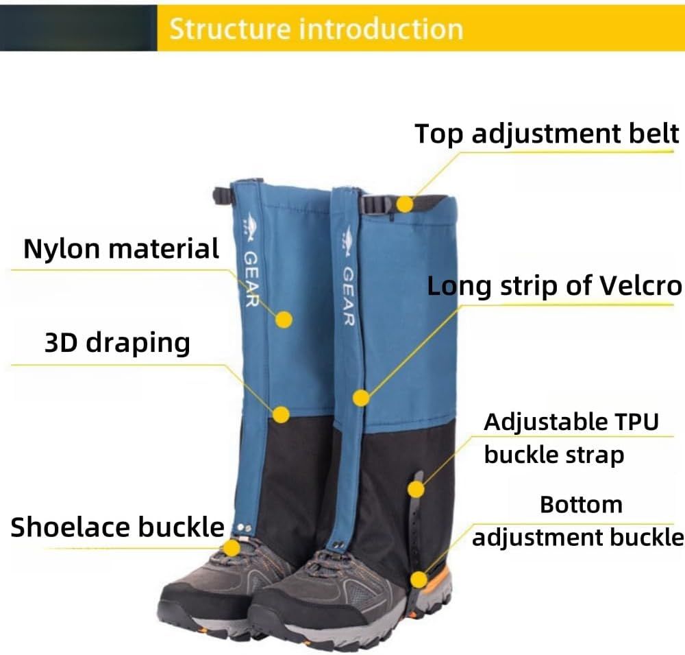 Blue Breathable Nylon Waterproof Hiking Leg Gaiters and Snow Boot Gaiters (Fleece Lining) - Unisex Adjustable Sand & Mud Protection for Mountaineering & Desert Trekking, S Size