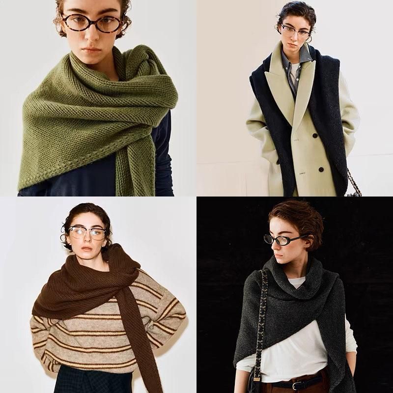 Dark Grey Retro Wool Blend 190x70cm Knitted Triangle Scarf - Multifunction Warm Shawl Wrap with Elegant Minimalist Design for Fall Winter Versatile Styling