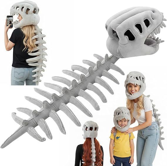 120CM Grey Funny Dinosaur Skeleton Plush Headwear – Quirky Bone Fossil Plushie Hat & Huggable Doll for Party Costumes and Birthday Gifts