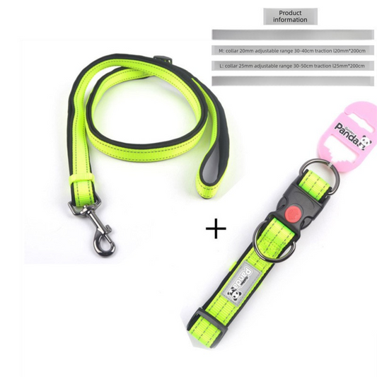 Green M size Vibrant Reflective Dog Collar and Leash Set - Adjustable Nylon Pet Harness with Comfortable Padding