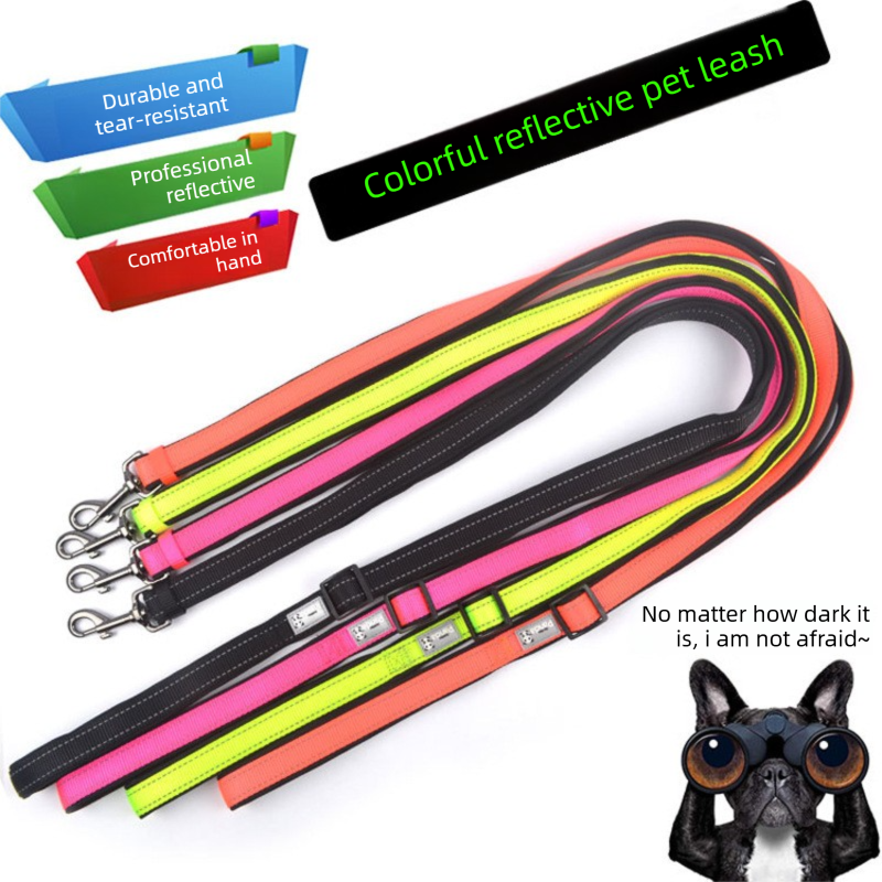 Green M size Vibrant Reflective Dog Collar and Leash Set - Adjustable Nylon Pet Harness with Comfortable Padding