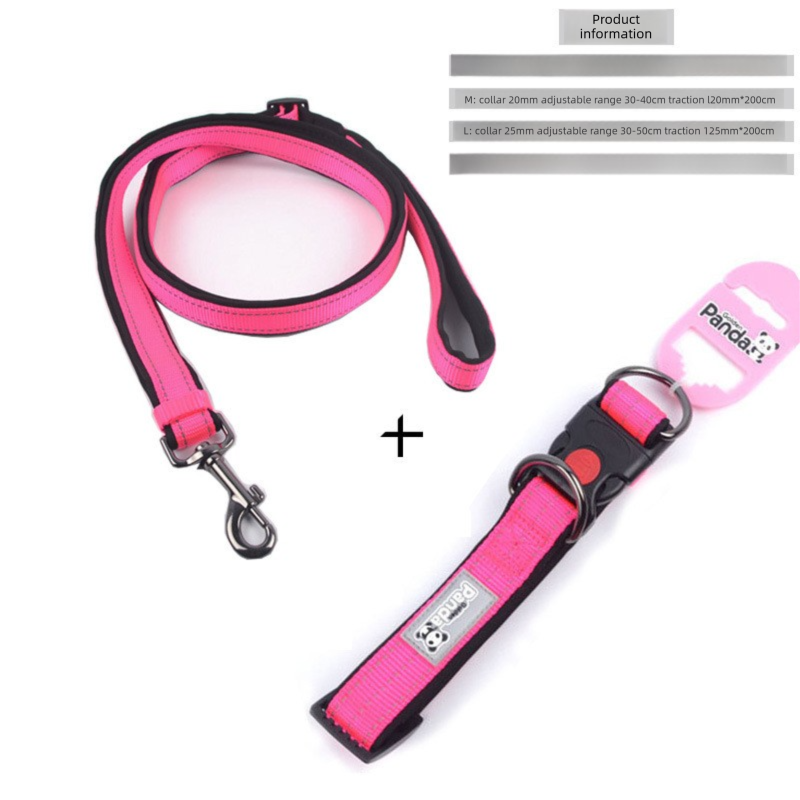 Pink M size Vibrant Reflective Dog Collar and Leash Set - Adjustable Nylon Pet Harness with Comfortable Padding