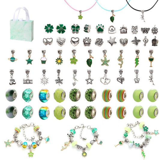 67-Piece Green Craft Set (Includes Beads, Charms, and Storage Case) -Kids' Unicorn DIY Bracelet Kit – Creative Jewelry Making Gift for Girls Ages 3+